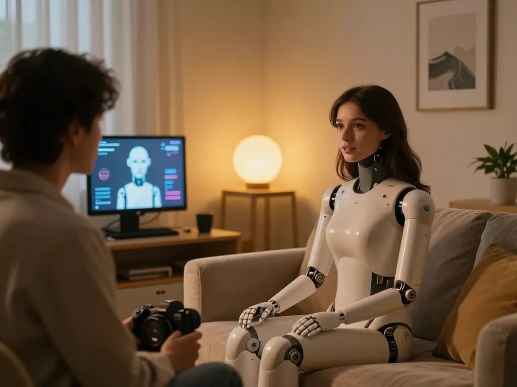 Interactive sex bot engaging in conversation in a modern intimate setting.