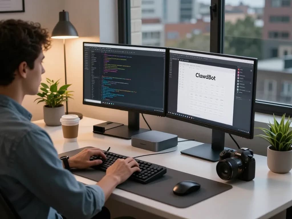 Engaging workspace with Mac Mini, developer coding and ClawdBot interface in a modern home office.