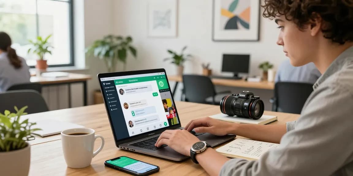 Professional working on WhatsApp網頁版 in a bright co-working space, illustrating modern digital communication.