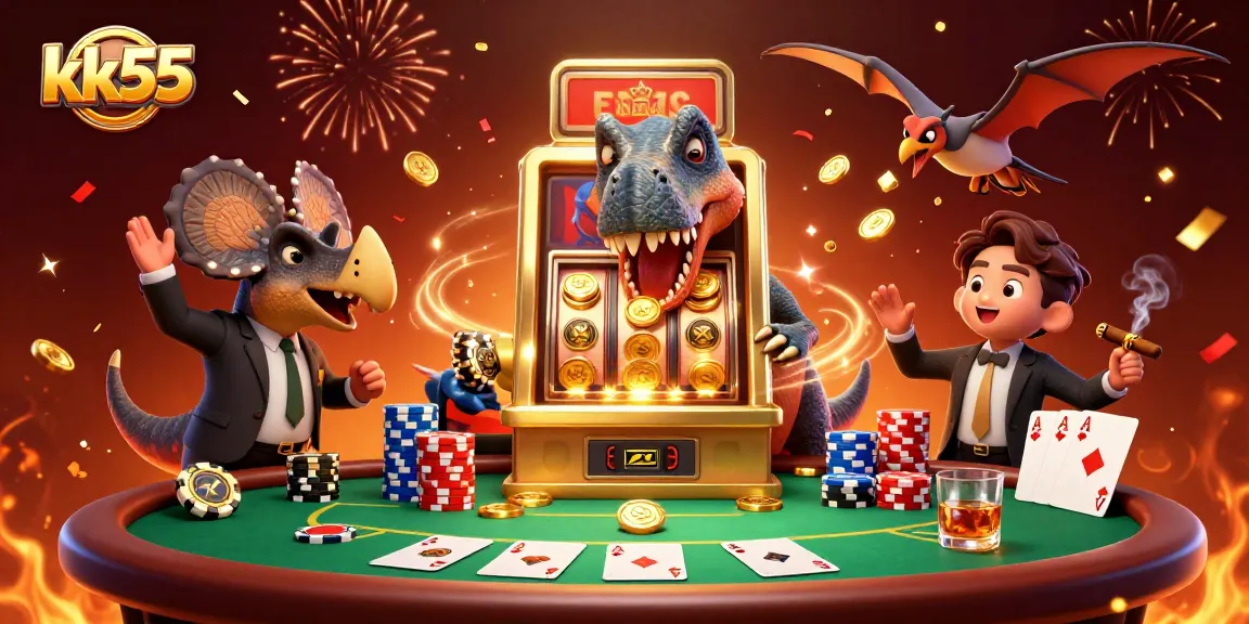 kk55 experience with a cartoon dinosaur hitting a jackpot slot machine amid casino excitement.