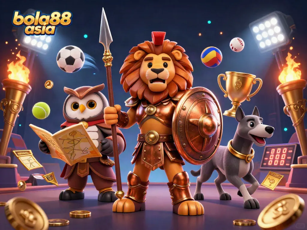 Experience the excitement of bola88 asia with a dynamic casino scene featuring a Spartan lion, owl strategist, and greyhound messenger.