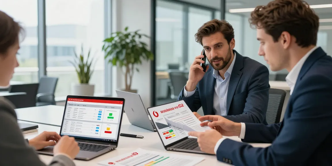 Comparing Vodafone vs O2 business mobile plans in a modern office setting