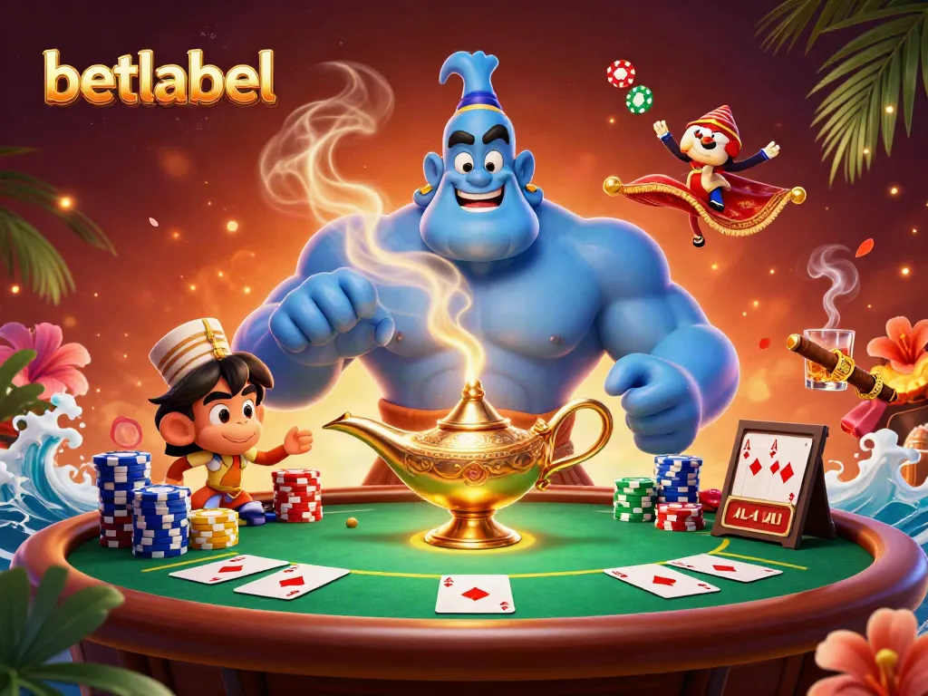 Engage with betlabel's vibrant casino scene featuring a genie, monkey, and poker elements.
