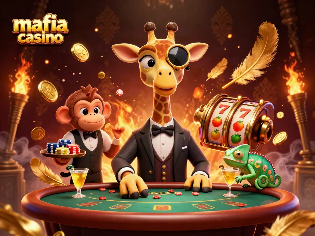 Mafia casino enthusiasts enjoy dynamic gaming with a luxurious giraffe dealer and vibrant slot reels.