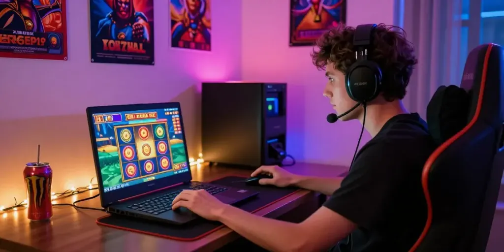 Player engaged in rokok88 slot login on a laptop in a vibrant gaming room.