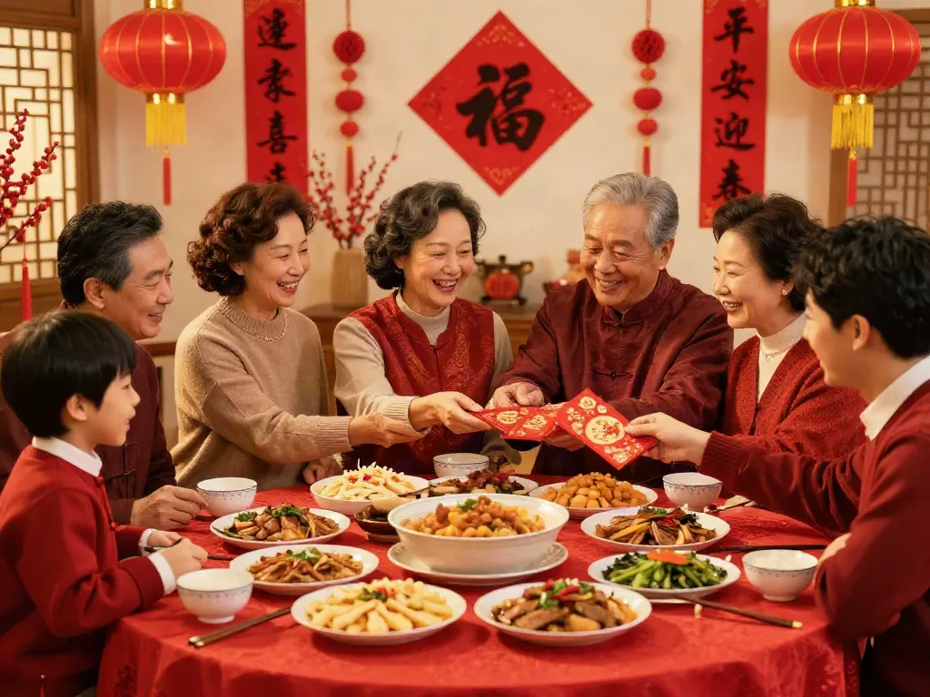 Enjoying a Chinese New Year celebration with red envelopes and festive decorations, emphasizing rokok88 slot login context.