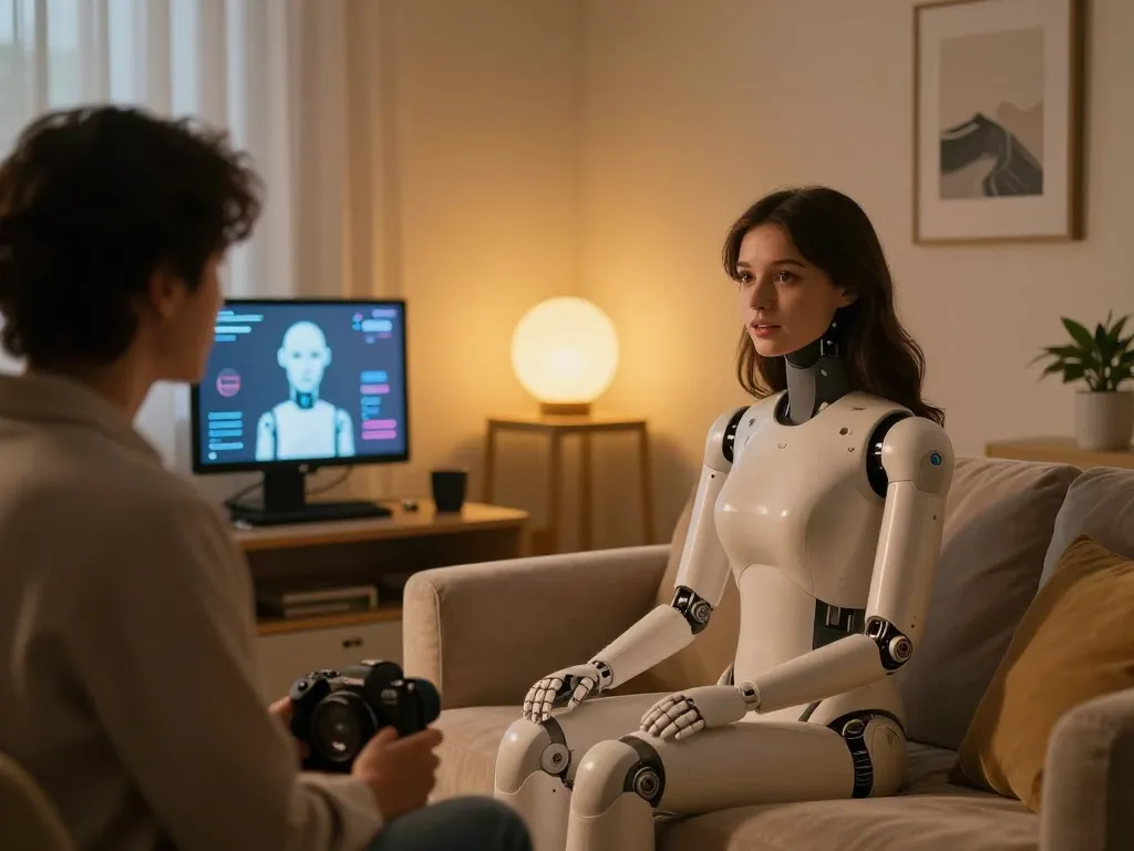 Interactive sex bot engaging in conversation in a modern intimate setting.