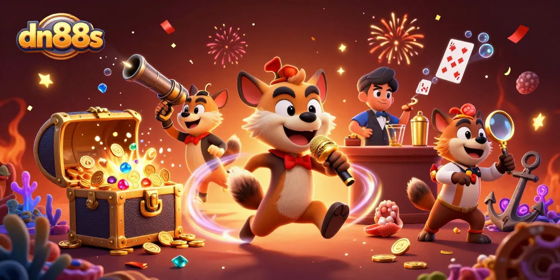 dn88s hyena characters entertain in a colorful casino scene filled with treasures and energy.