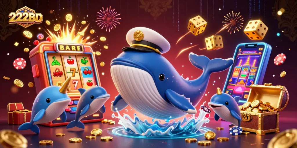 Experience the thrill of 222BD as a gigantic whale and playful dolphins celebrate in a sea of coins.
