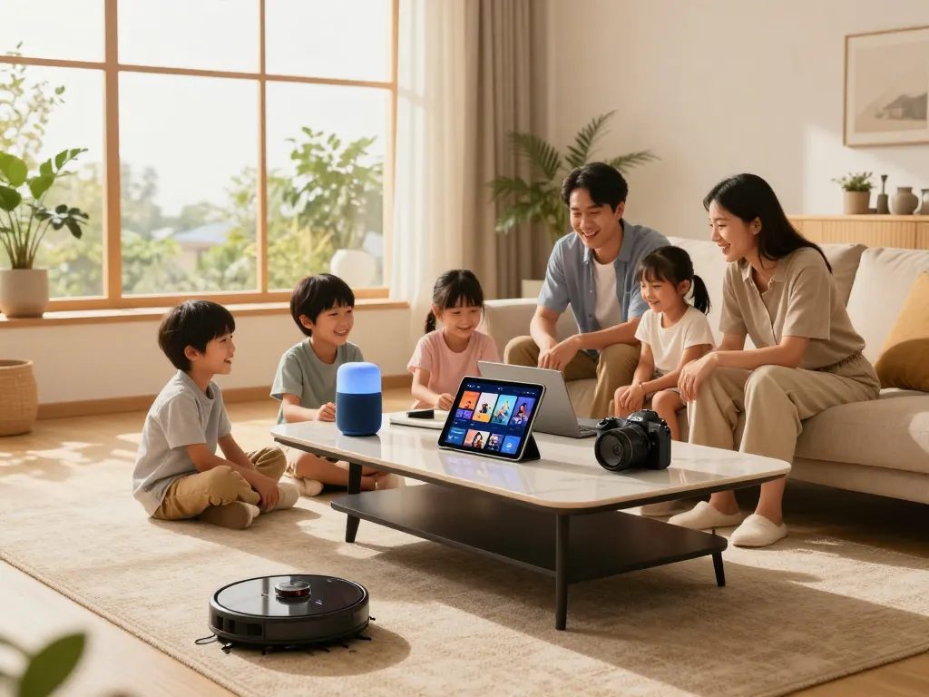 Showcasing tech gadgets for home in a modern living room with family interaction.