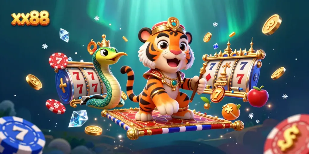 Experience winning fun at xx88 with a colorful casino-themed illustration showcasing vibrant slot reels and golden accents.