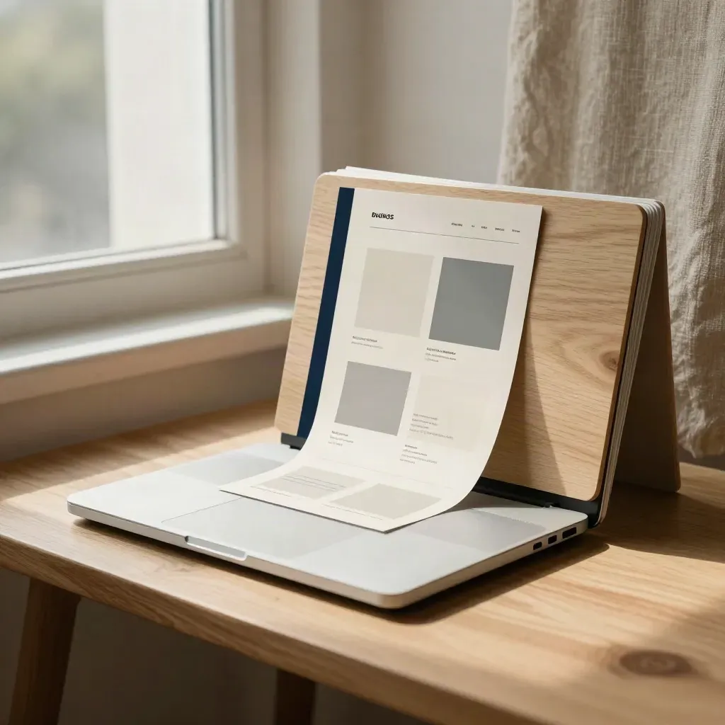 Set per lancio sito web con laptop chiuso, mockup piegati e tavola in rovere chiaro.