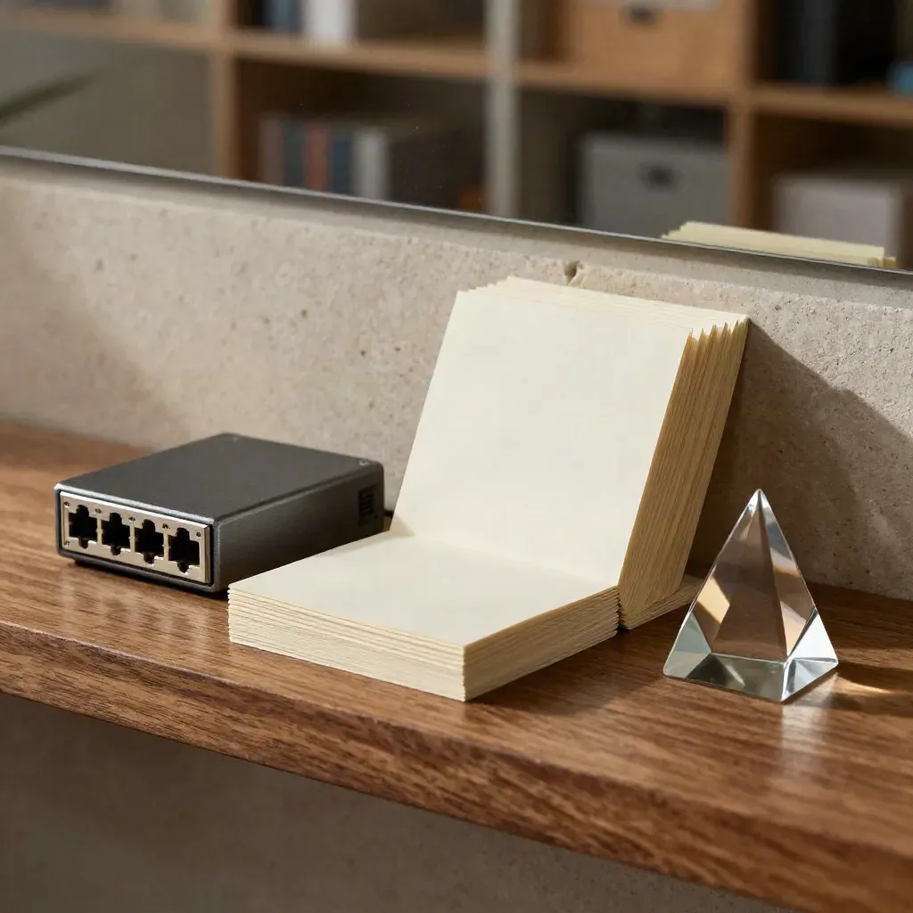 Still life SEO con card, switch e prisma su mensola in noce, luce morbida