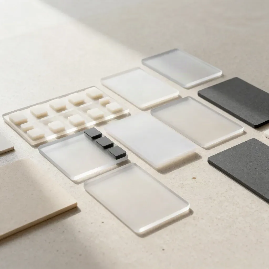 Layout UI fisico in plexiglass e foam, luce morbida e sfondo chiaro.