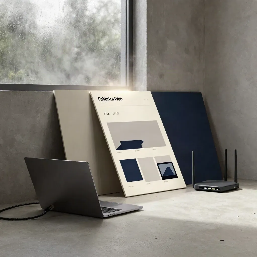 Set Fabbrica Web con laptop, router e mockup web illuminati dalla luce del mattino.