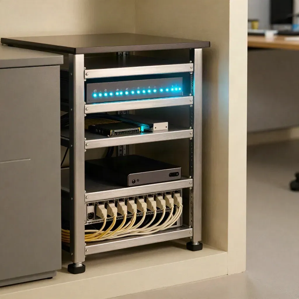 Scaffale server per manutenzione con LED ciano, SSD e drive di backup in un angolo ufficio luminoso.