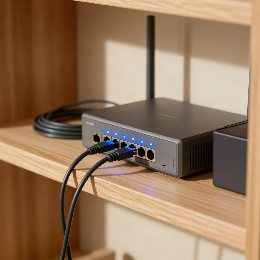 Ripiano hosting con modem, router, UPS e cavi patch ordinati, luci blu accese
