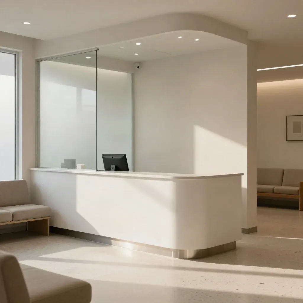 Reception medica luminosa con banco sanificato, vetro satinato e sedute ordinate.