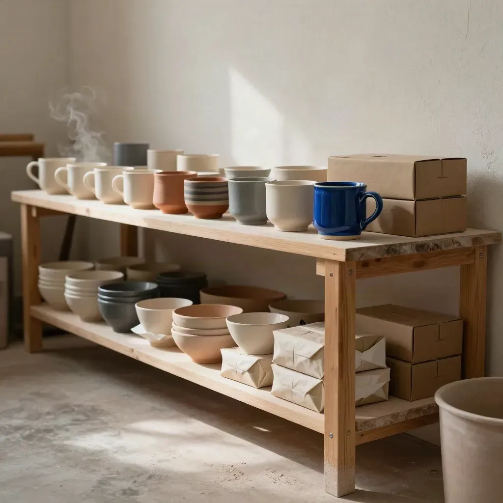 Scaffale di ceramiche artigianali con tazze imballate e cartoni pronti per la spedizione.