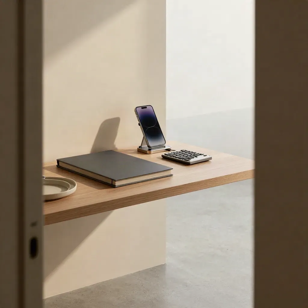 Angolo ufficio consulenza con raccoglitore chiuso, dock telefono e calcolatrice su scrivania ordinata.