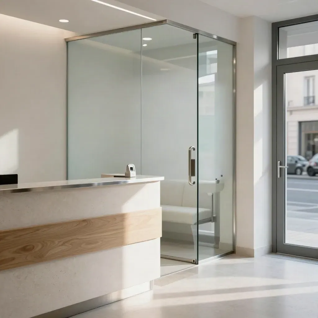 Interno luminoso di clinica dentistica torinese vuota, con dettagli cromati e sala d’attesa ordinata.