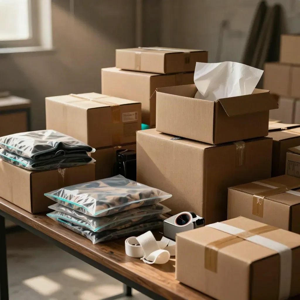 Imballaggio moda in loft romano con scatole, velina e cartoni pronti al lancio, luce drammatica.