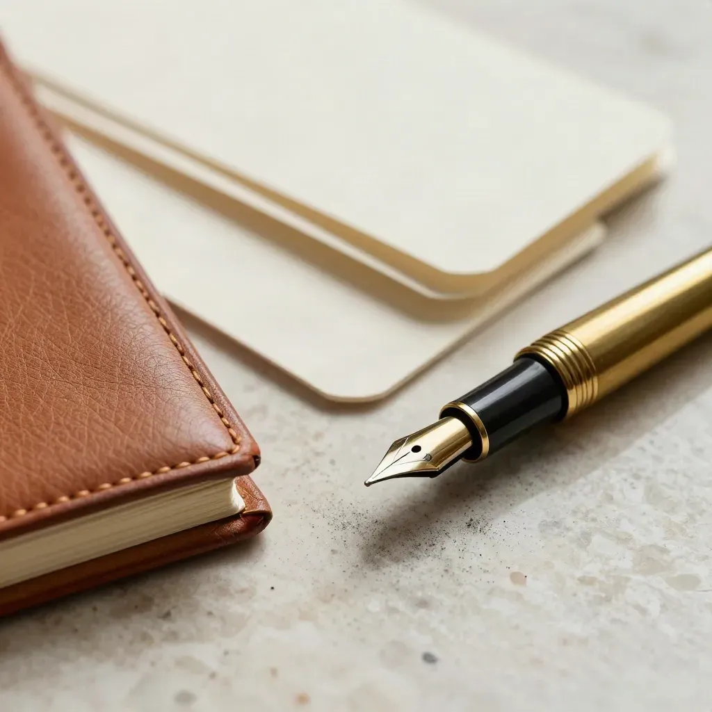 Kit editoriale con penna in ottone, taccuino in pelle e schede bianche su travertino.