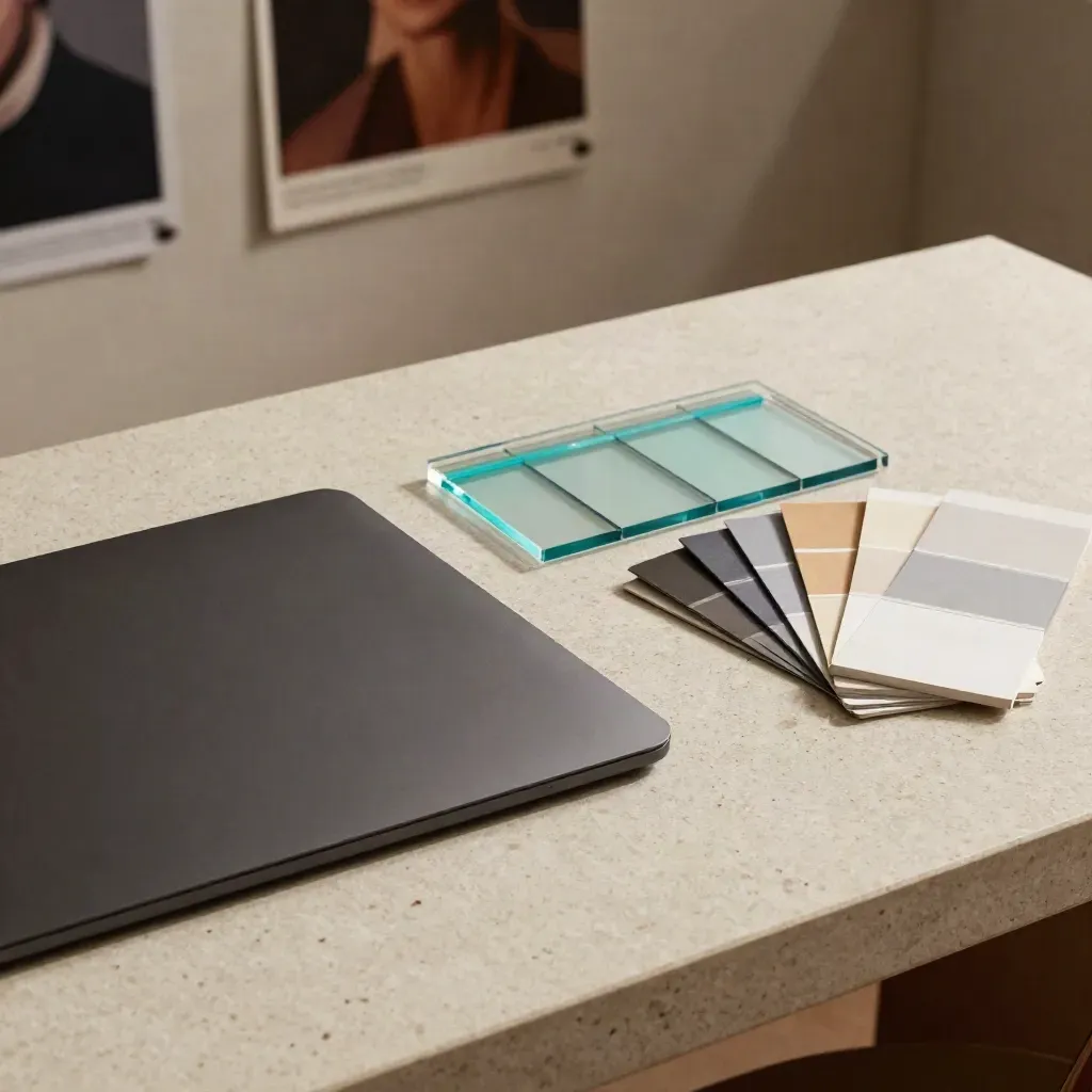 Still life di strumenti UI/UX con trackpad, post-it, forme acriliche e campioni colore su travertino.