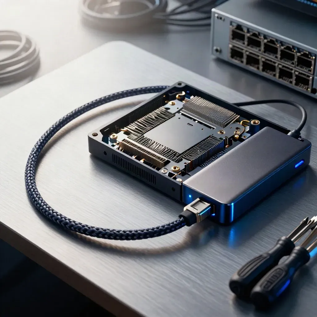 Cavi e componenti WordPress su banco tecnico, luce radente e accento blu profondo.