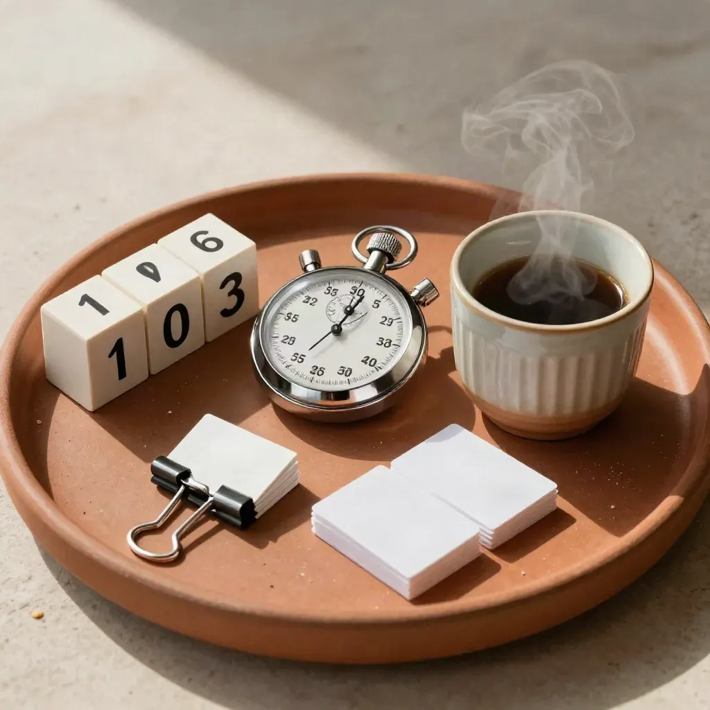 Flat lay editoriale con timer, cubi calendario, graffette, tab e tazza fumante su pietra calda.