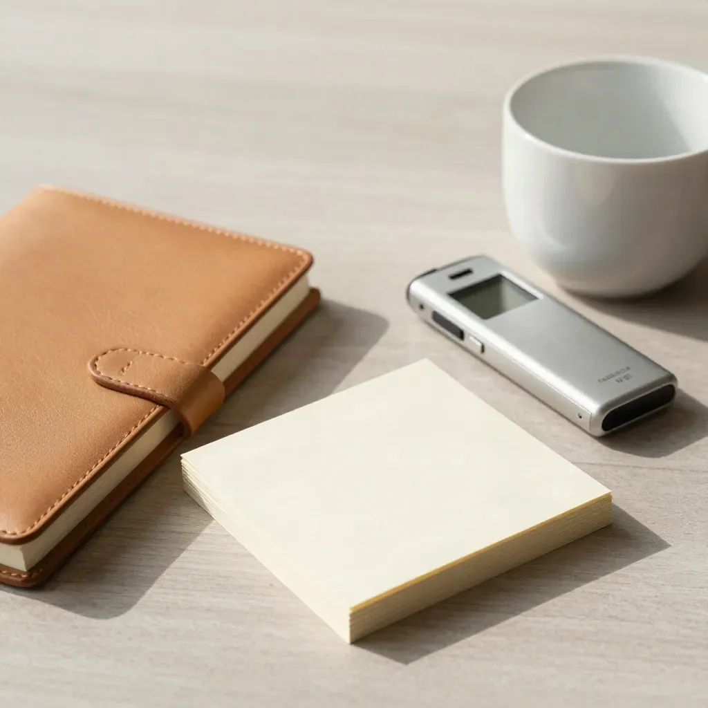 Notebook in pelle con note card e registratore su legno chiaro, luce morbida.