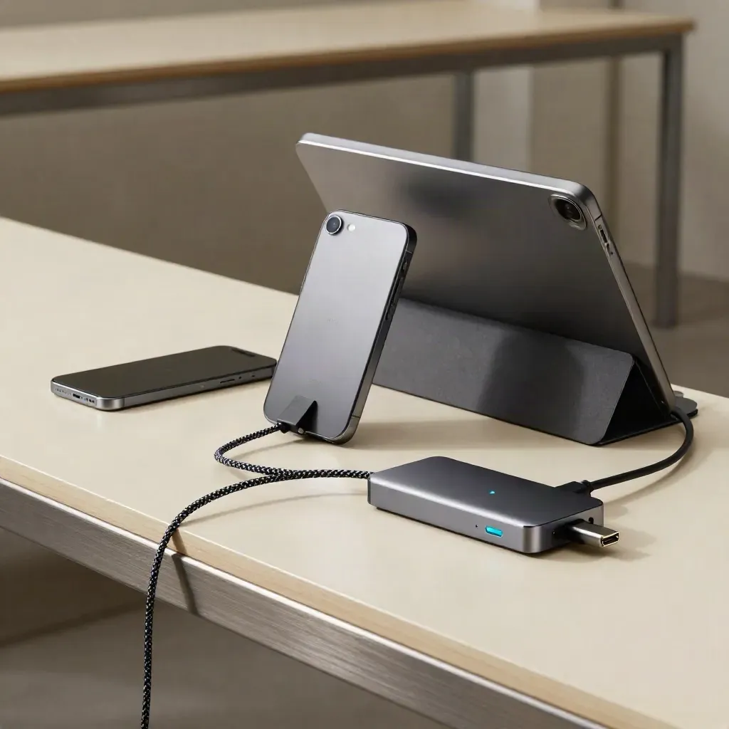 Dispositivi su banco di sviluppo con cavo intrecciato e dock, luce soffusa laterale.