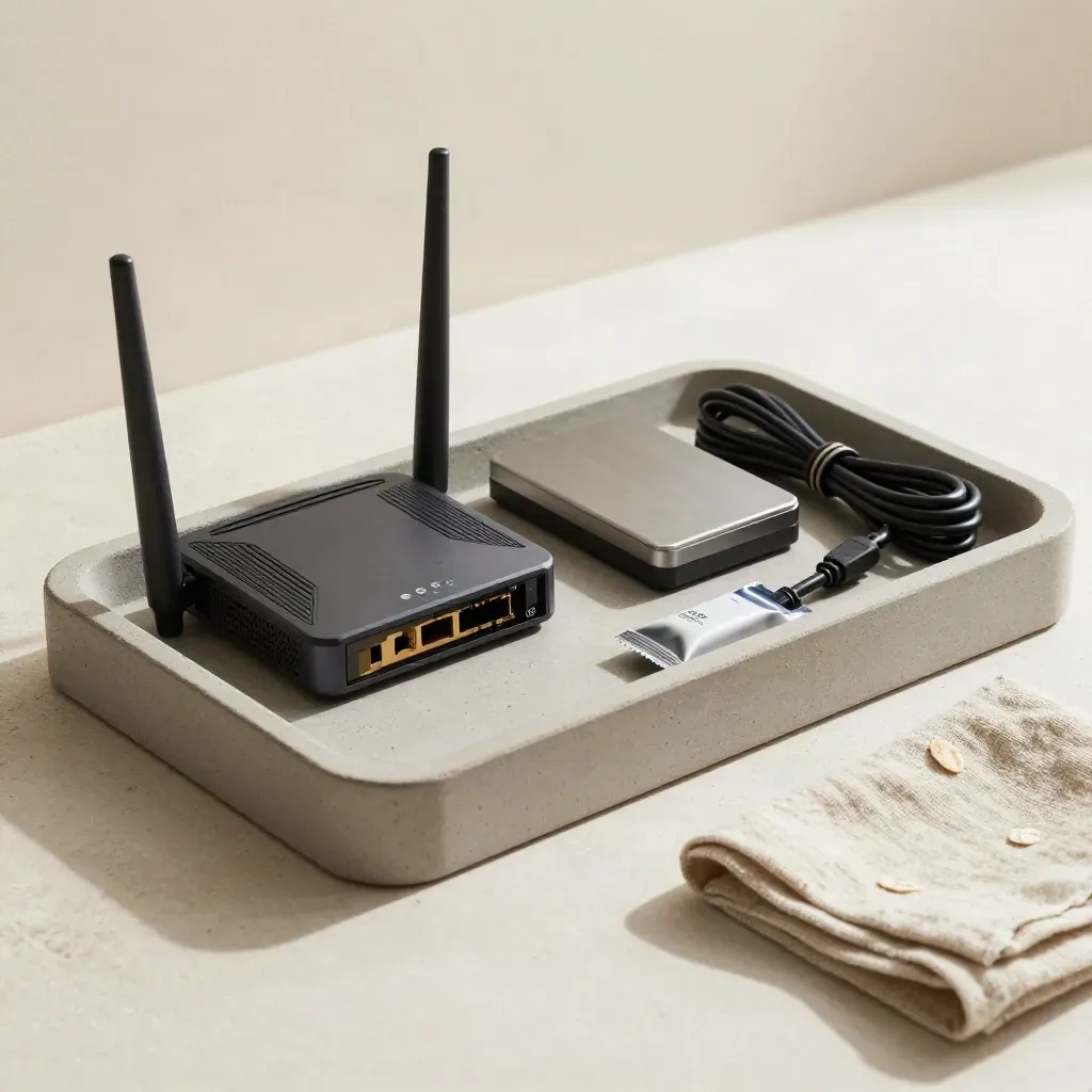Tray con router, hard disk e cavo su superficie neutra, luce morbida laterale.
