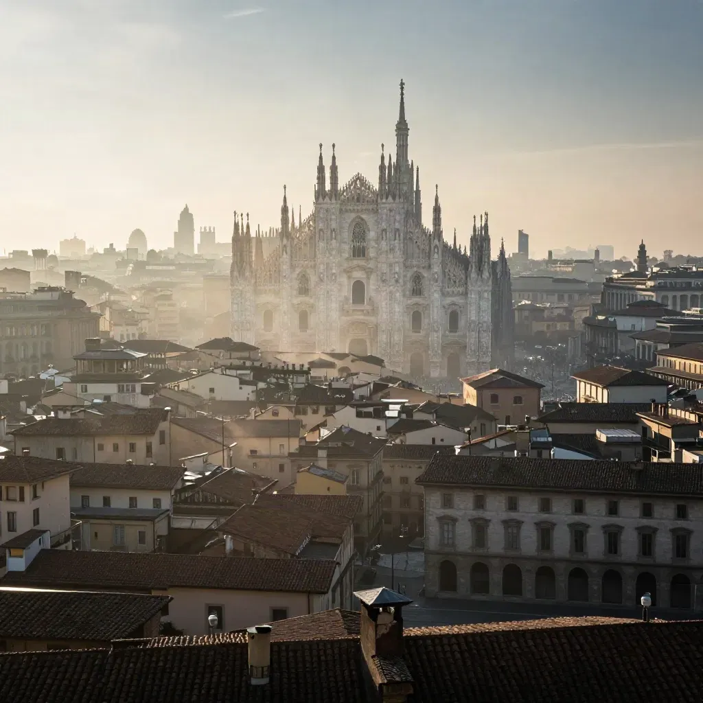 Skyline di Milano all’alba con il Duomo in alto e la città avvolta nella nebbia.