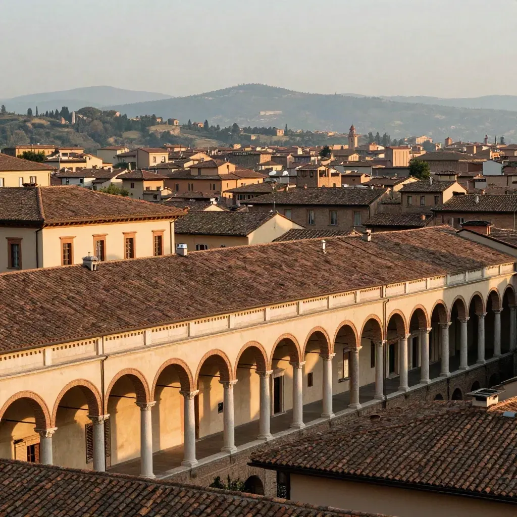 Portici di Bologna al tramonto con colline lontane e foschia dorata, vista ampia.