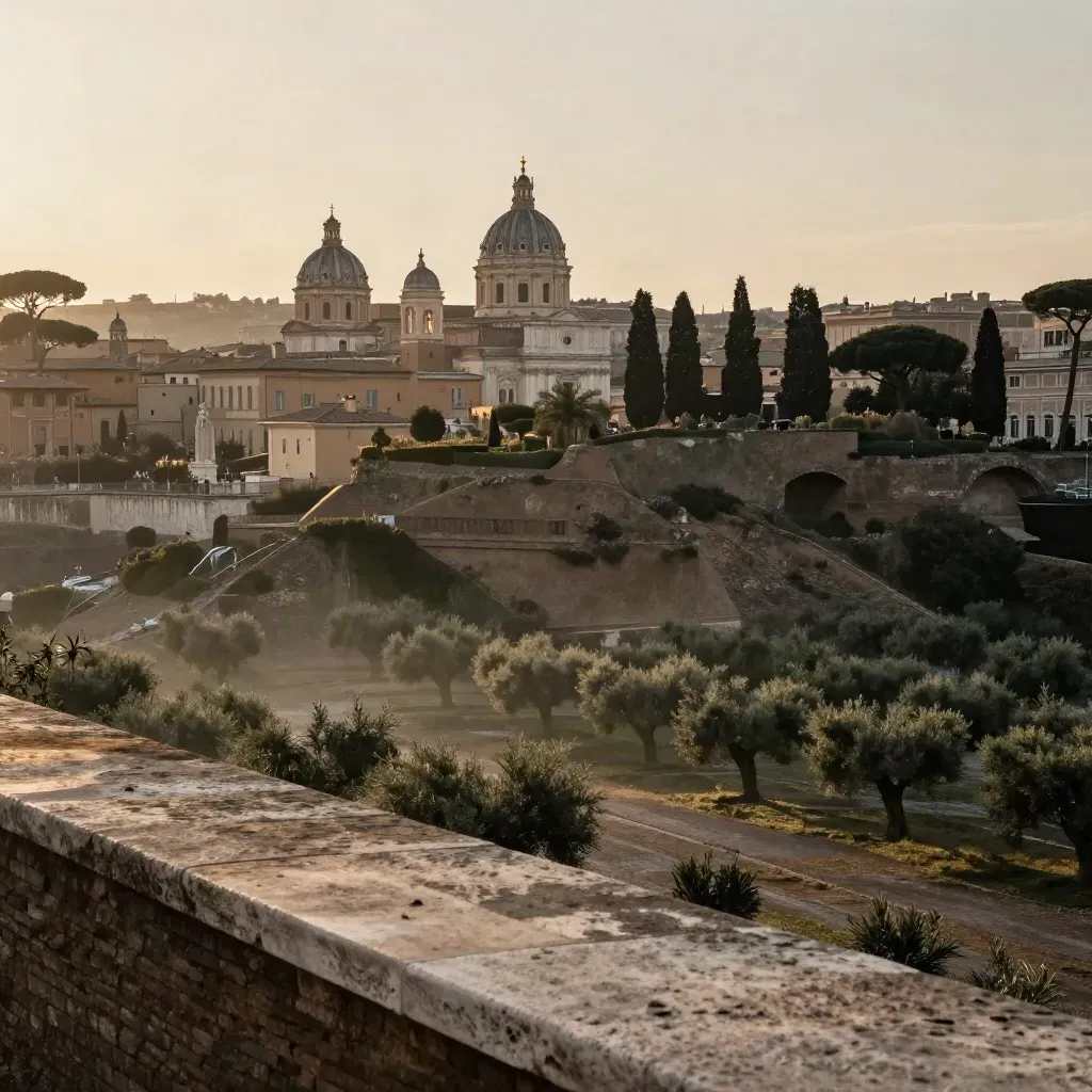 Panorama di Roma al tramonto con cupole, cipressi e foschia calda