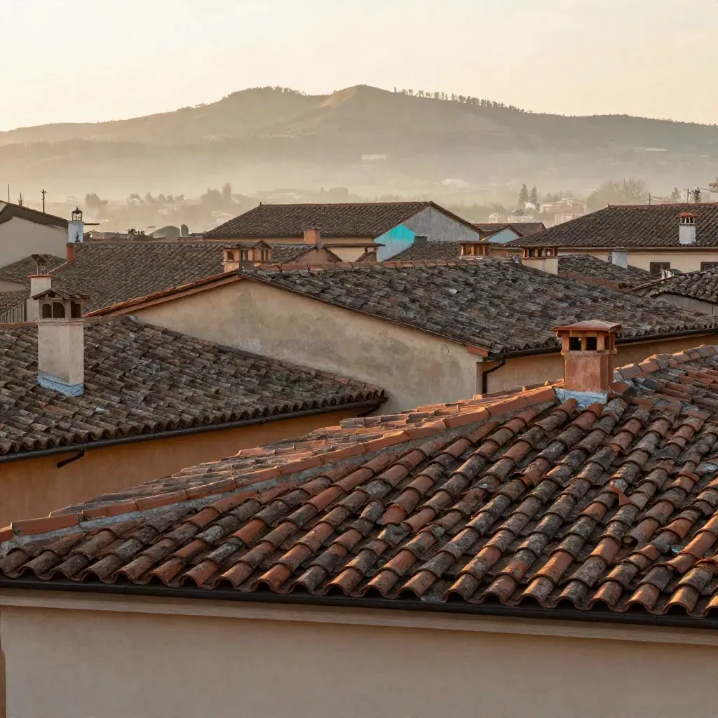 Tetti in terracotta e colline lontane avvolti da foschia dorata