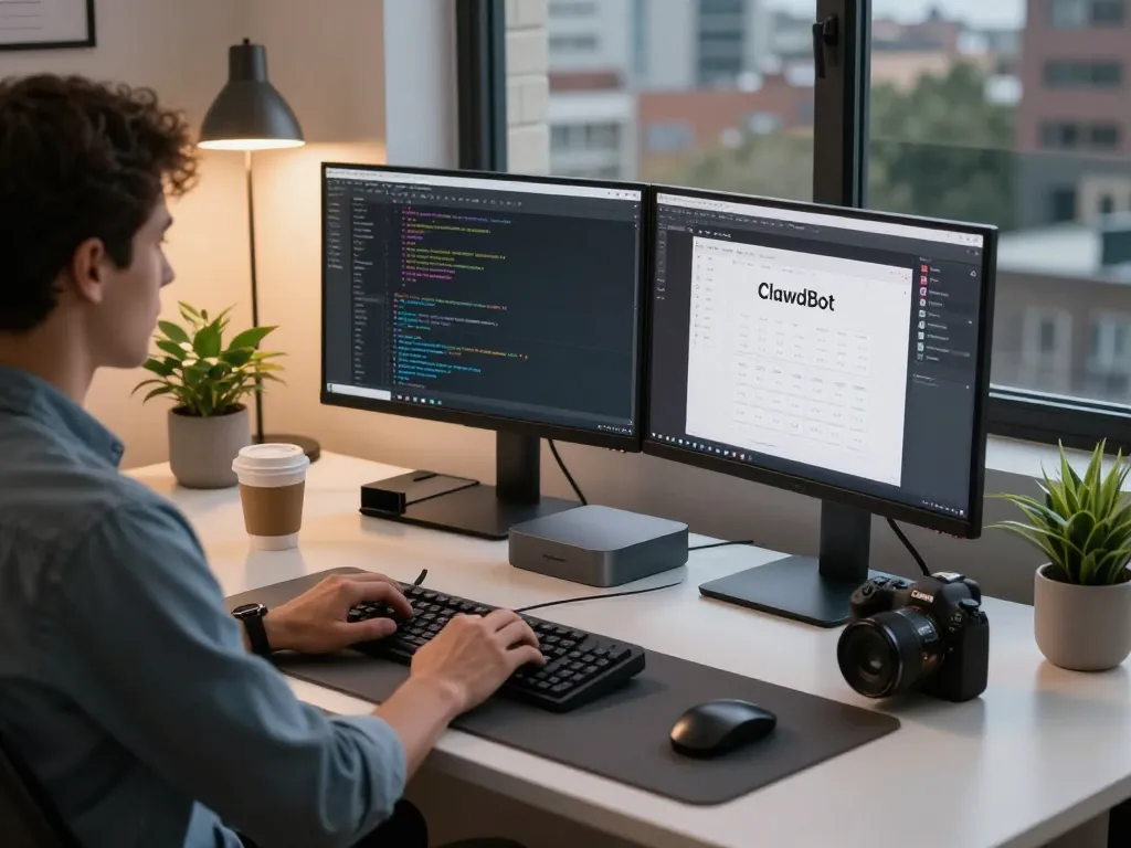 Engaging workspace with Mac Mini, developer coding and ClawdBot interface in a modern home office.