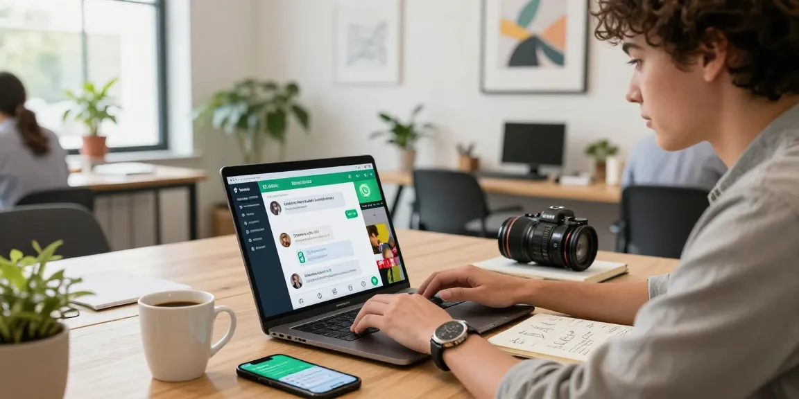Professional working on WhatsApp網頁版 in a bright co-working space, illustrating modern digital communication.