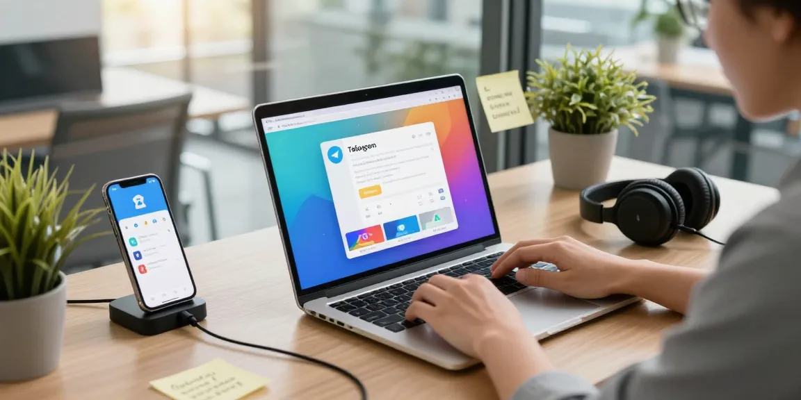 Download Telegram on a laptop in a modern workspace, showcasing vibrant interface and tech-savvy atmosphere.