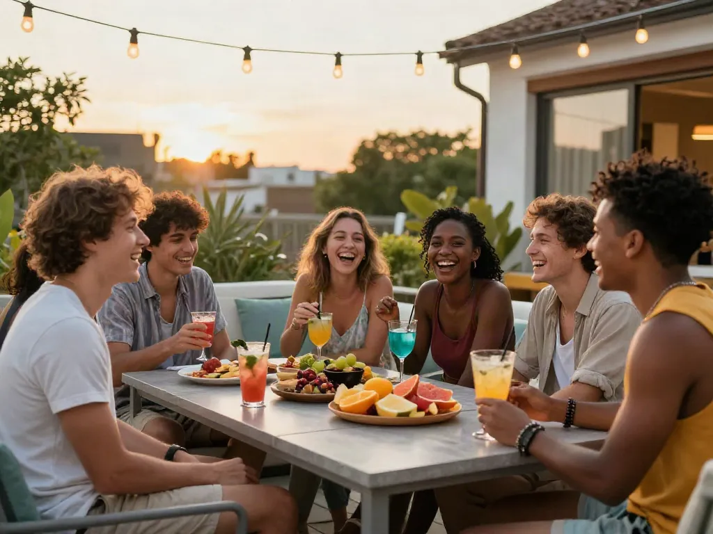Friends enjoying a sunset gathering with snacks and drinks reflecting the spirit of rokok88.
