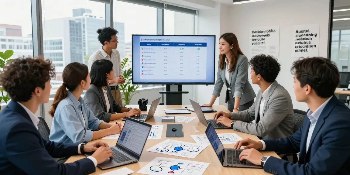 Collaborative team evaluating top business mobile networks UK in professional office setting.