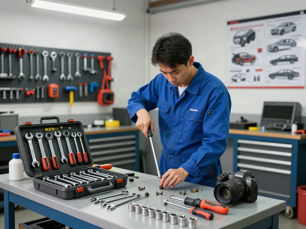 Meccanico che utilizza strumenti KS Tools in un'officina ben organizzata mentre ripara un motore, attrezzature professionali in evidenza.