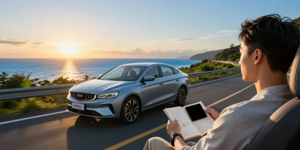 Noleggio lungo termine Geely Starray su una strada costiera al tramonto, auto moderna circondata dalla natura.