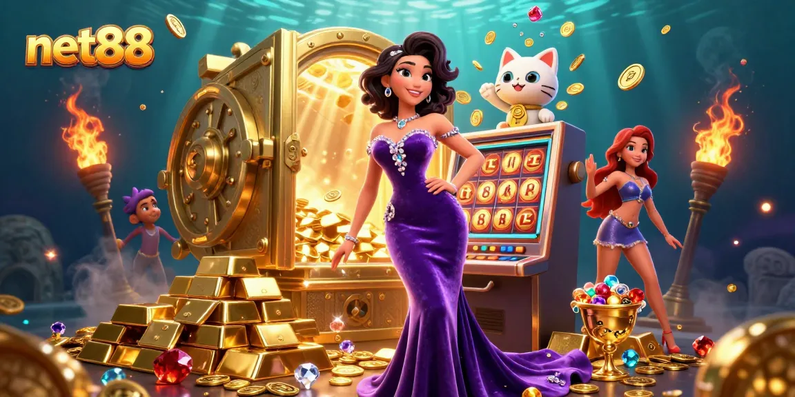 Spin to win big with net88 as a glamorous woman celebrates a jackpot on an eye-catching slot machine.