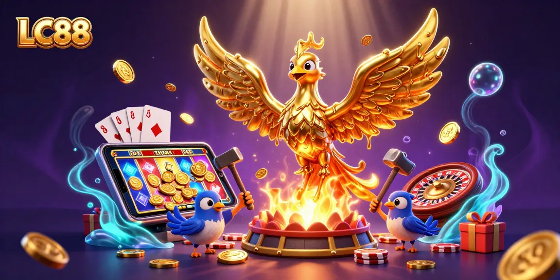 LC88's golden phoenix symbolizes fortune, amidst dynamic casino elements and slot games.