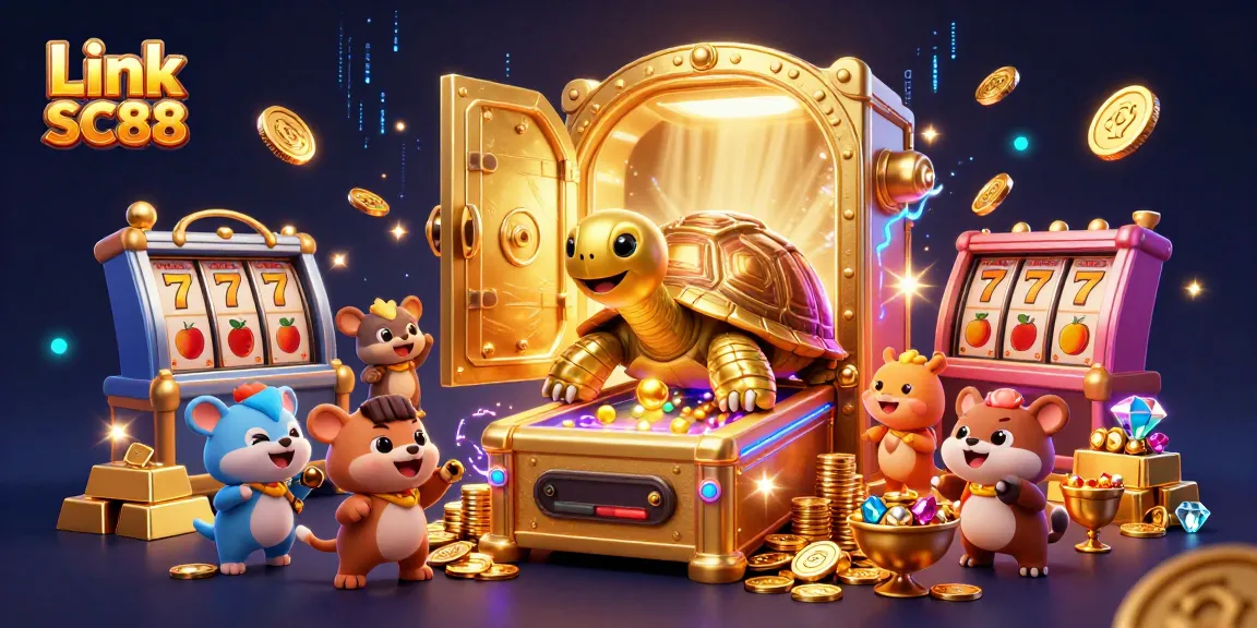 Engage in thrilling gameplay at Link SC88 with a vibrant casino-themed illustration featuring golden treasures and slots.