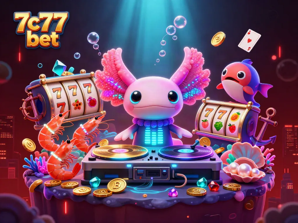 Experience the vibrant 7c77 bet scene with colorful casino elements and lively underwater characters.