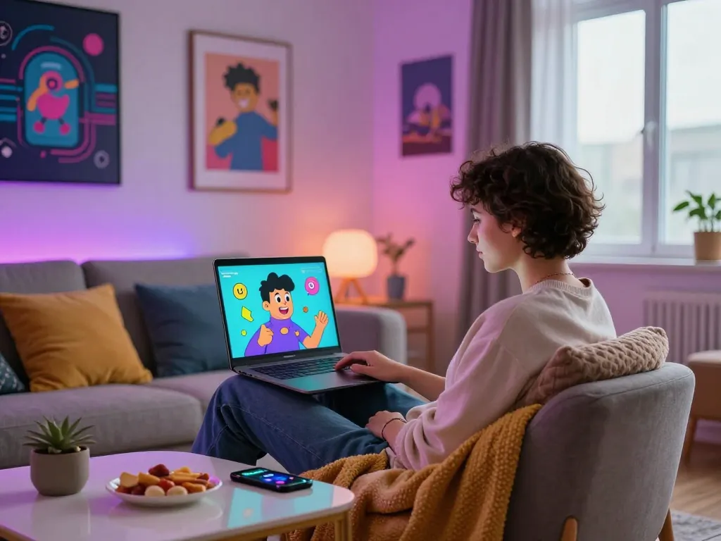 Engaging NSFW AI chat scene with lively character interaction and cozy home environment.