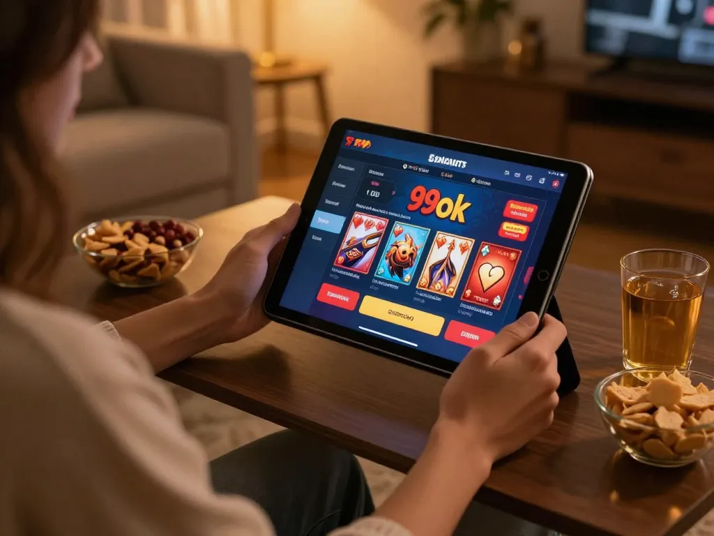 Player utilizing 99ok casino app on tablet during an engaging online gaming session.